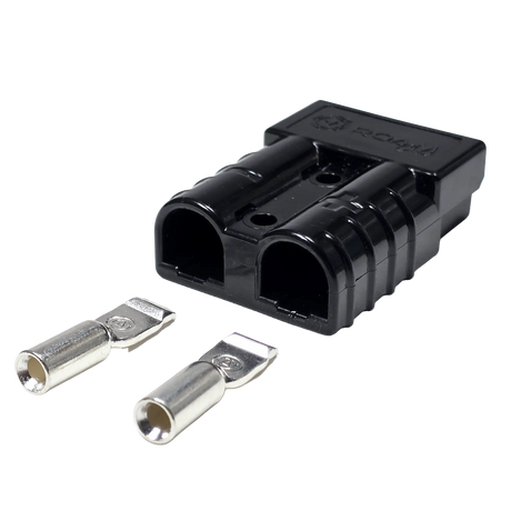 Roam Gear black 50A Anderson plug rear close up with twin cable entry openings and two metal contacts.