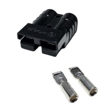 Roam Gear black 50A Anderson plug front left view with two loose contacts beside the housing.