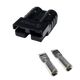 Roam Gear black 50A Anderson plug front left view with two loose contacts beside the housing.