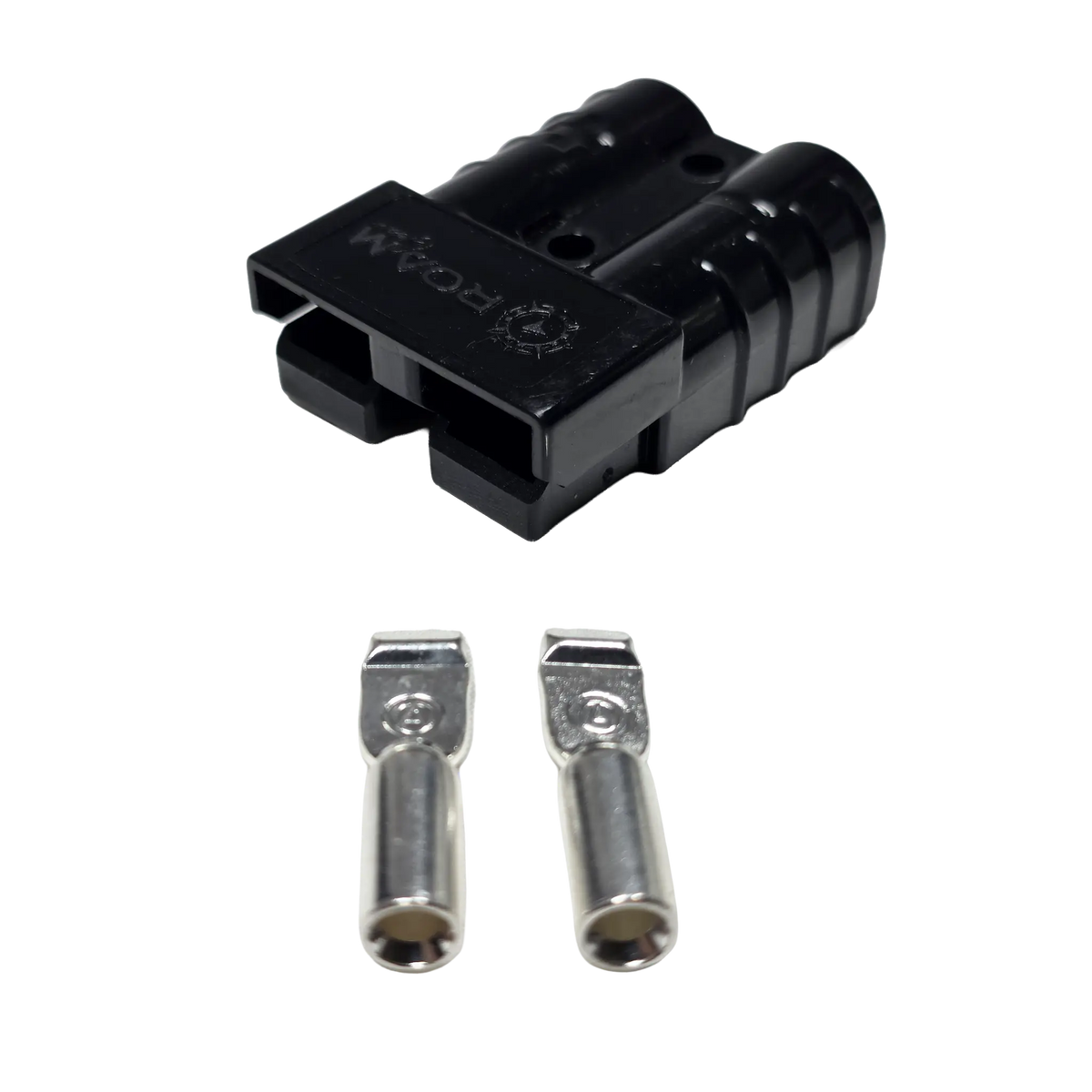 Roam Gear black 50A Anderson plug front right view with two loose contacts below the housing.