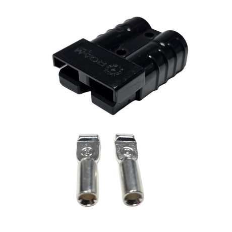 Roam Gear black 50A Anderson plug front right view with two loose contacts below the housing.
