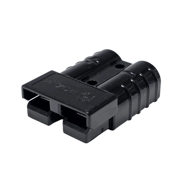 Roam Gear black 50A Anderson plug front right view with the moulded logo and twin connector openings.