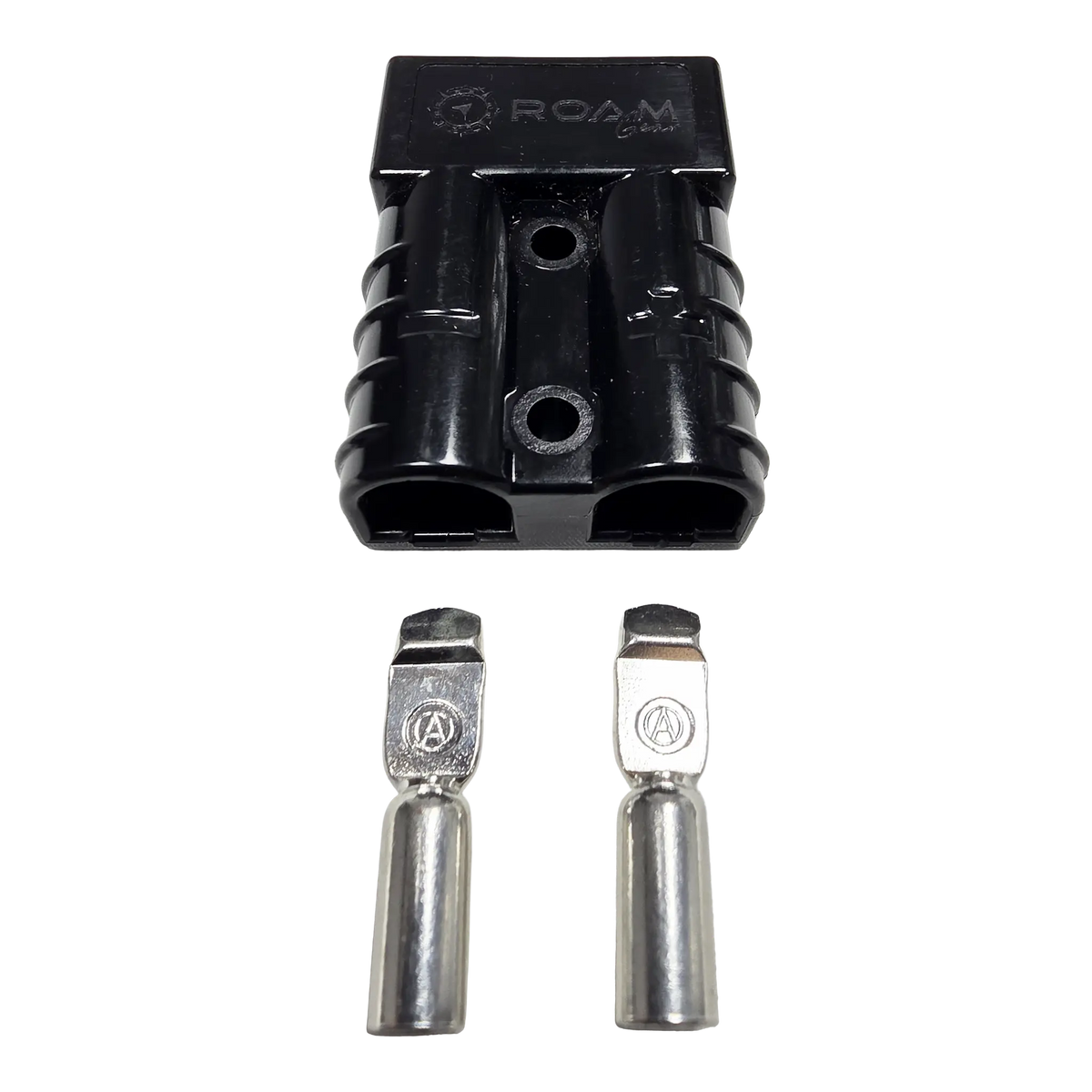 Roam Gear black 50A Anderson plug rear view with two contacts aligned below the cable entry openings.