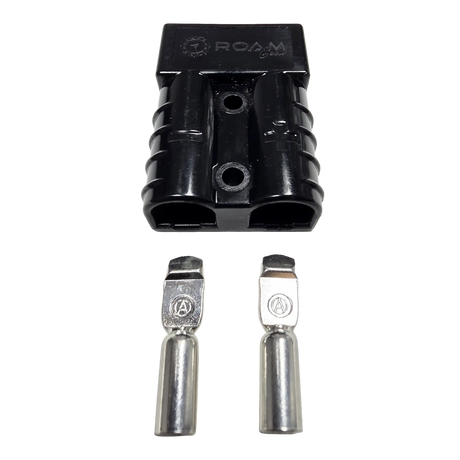Roam Gear black 50A Anderson plug rear view with two contacts aligned below the cable entry openings.