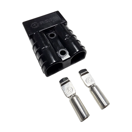 Roam Gear black 50A Anderson plug viewed from above the rear left corner with two loose contacts.
