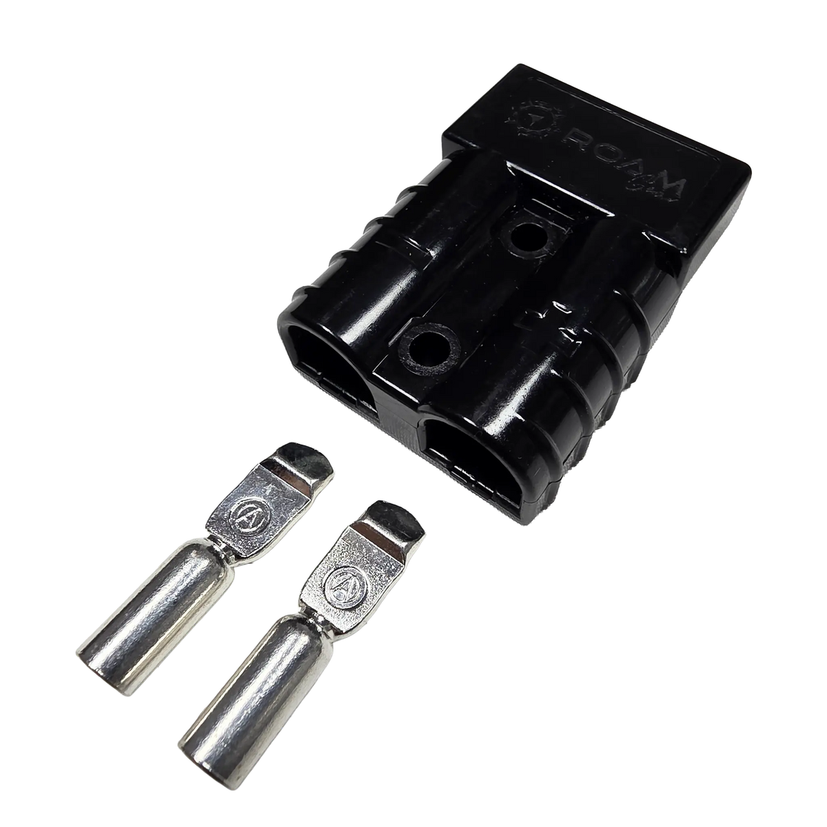 Roam Gear black 50A Anderson plug viewed from above the rear right corner with two loose contacts.