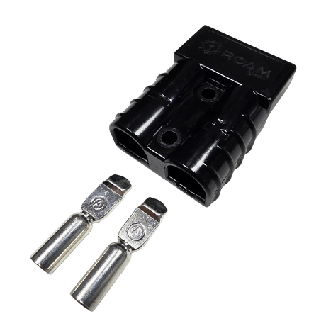 Roam Gear black 50A Anderson plug viewed from above the rear right corner with two loose contacts.