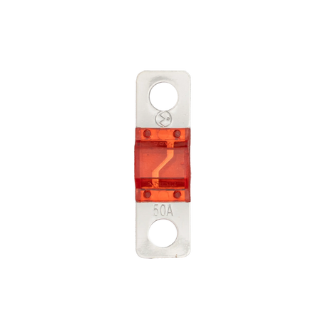 Roam Gear 50A Midi fuse straight top view showing the 50A marking and two circular mounting holes.