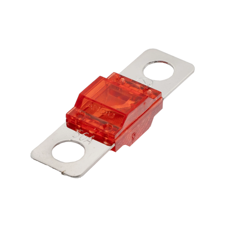 Roam Gear 50A Midi fuse angled view with transparent red housing and two silver mounting tabs.