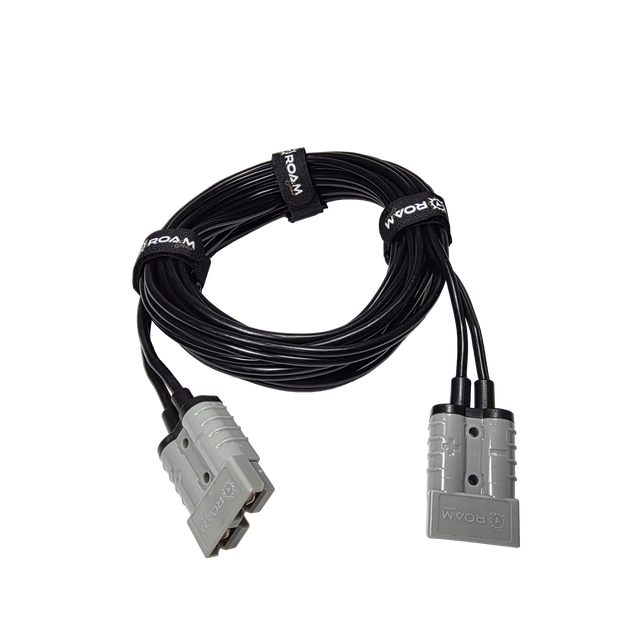 Roam Gear 5m Anderson to Anderson extension lead coiled with a grey plug on each end.