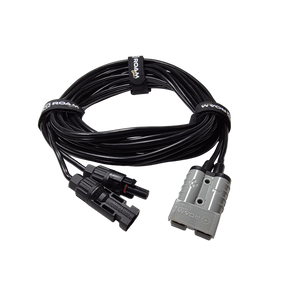 Roam Gear 5m Anderson to solar MC4 extension lead coiled with a grey Anderson plug and two black MC4 connectors.