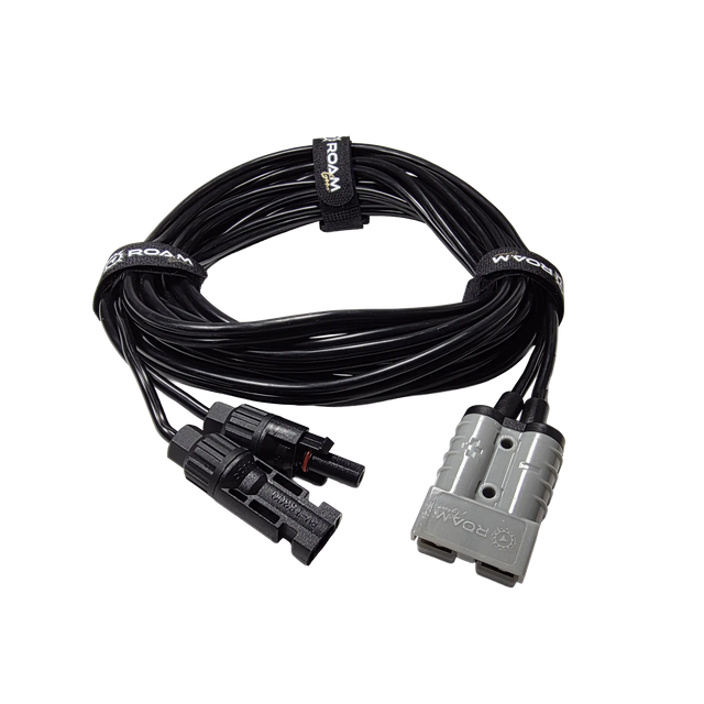 Roam Gear 5m Anderson to solar MC4 extension lead coiled with a grey Anderson plug and two black MC4 connectors.
