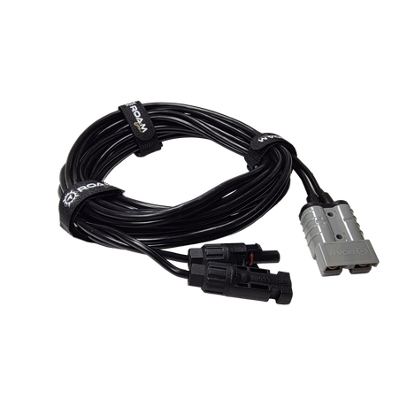 Roam Gear 5m Anderson to solar MC4 extension lead viewed from the left with the connectors beside the coil.