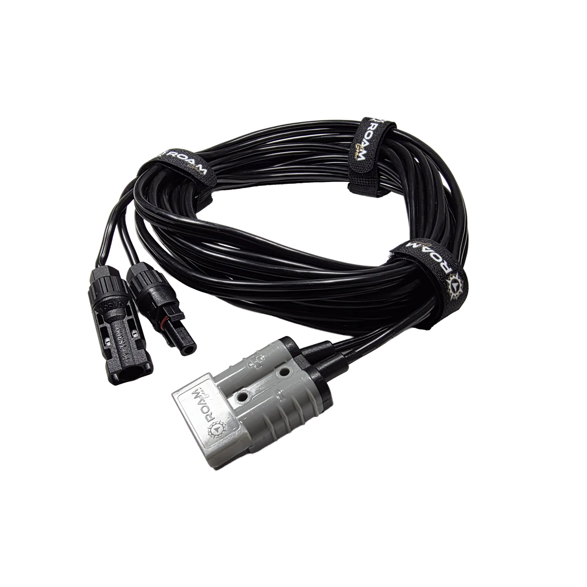 Roam Gear 5m Anderson to solar MC4 extension lead viewed from the right with the grey plug in the foreground.