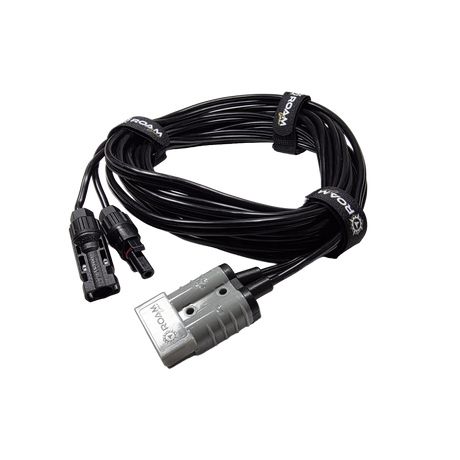 Roam Gear 5m Anderson to solar MC4 extension lead viewed from the right with the grey plug in the foreground.