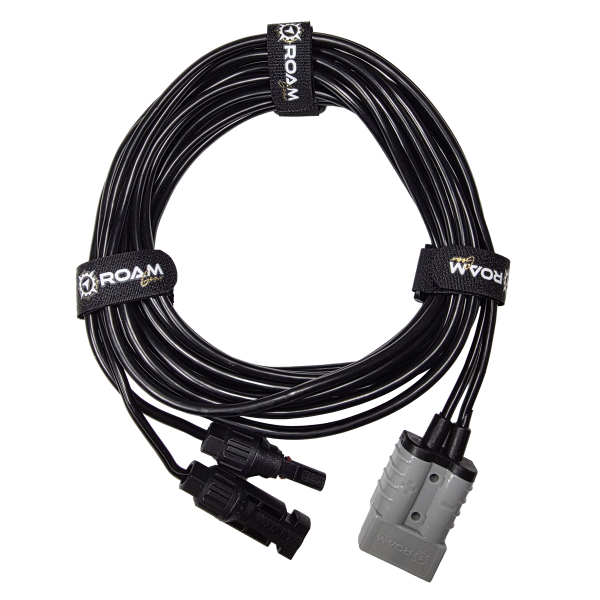 Roam Gear 5m Anderson to solar MC4 extension lead top view with three straps securing the coiled cable.