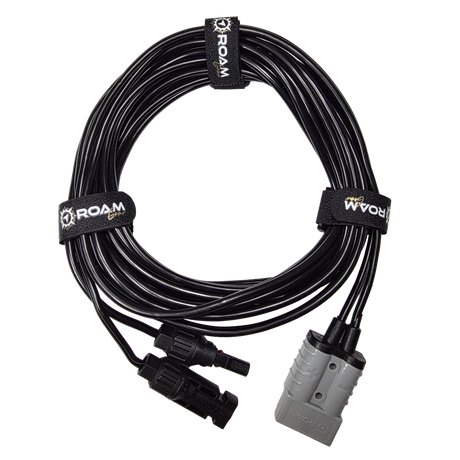 Roam Gear 5m Anderson to solar MC4 extension lead top view with three straps securing the coiled cable.