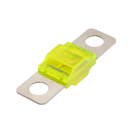 Roam Gear 60A Midi fuse angled view with yellow housing and two silver mounting tabs.