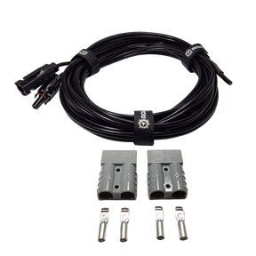 Roam Gear 6m solar MC4 extension lead coiled above two loose grey Anderson plugs and four metal contacts.