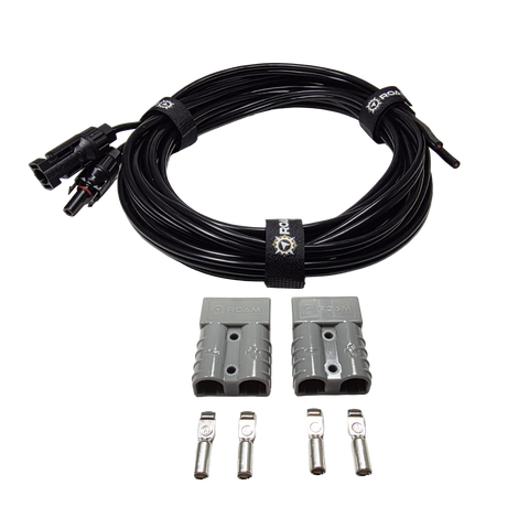 Roam Gear 6m solar MC4 extension lead coiled above two loose grey Anderson plugs and four metal contacts.
