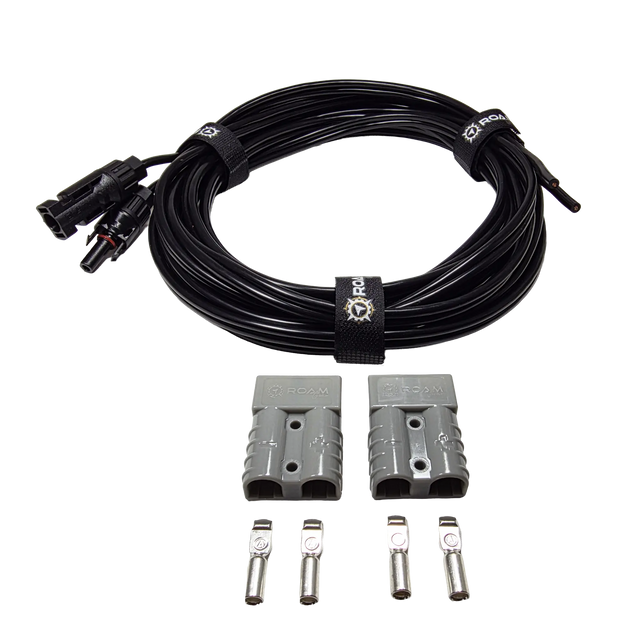 Roam Gear 6m solar MC4 extension lead coiled above two loose grey Anderson plugs and four metal contacts.
