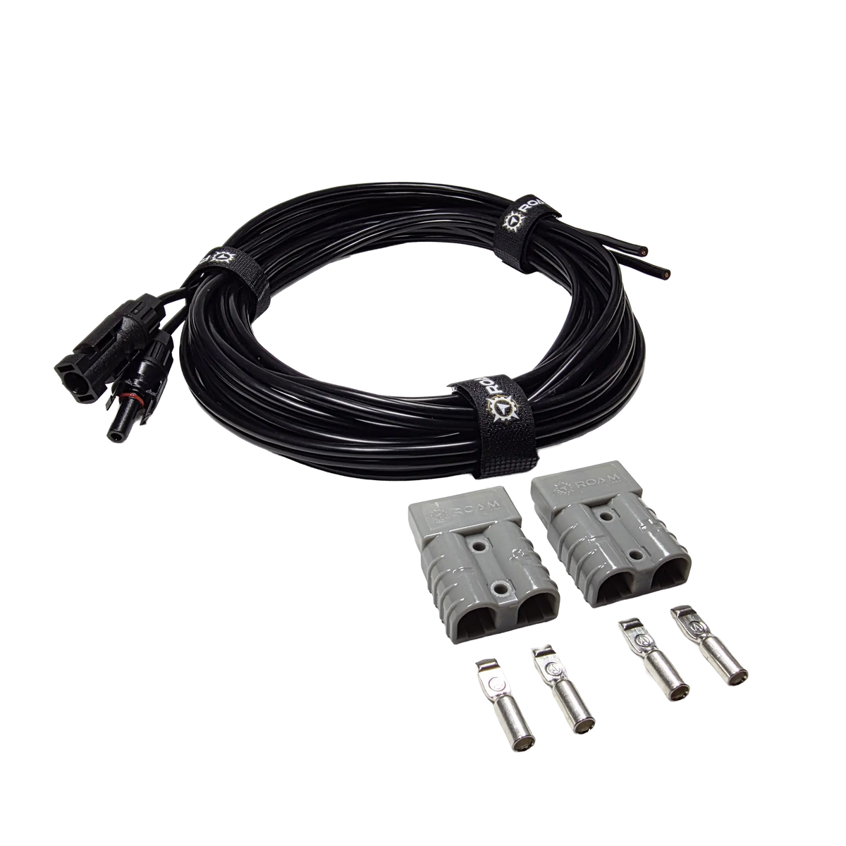 Roam Gear 6m solar MC4 extension lead viewed from the left with two loose grey Anderson plugs and contacts.