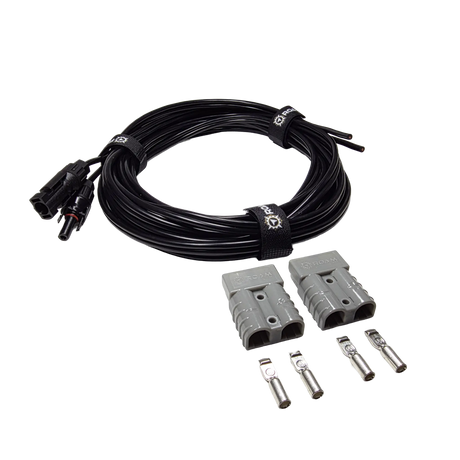 Roam Gear 6m solar MC4 extension lead viewed from the left with two loose grey Anderson plugs and contacts.