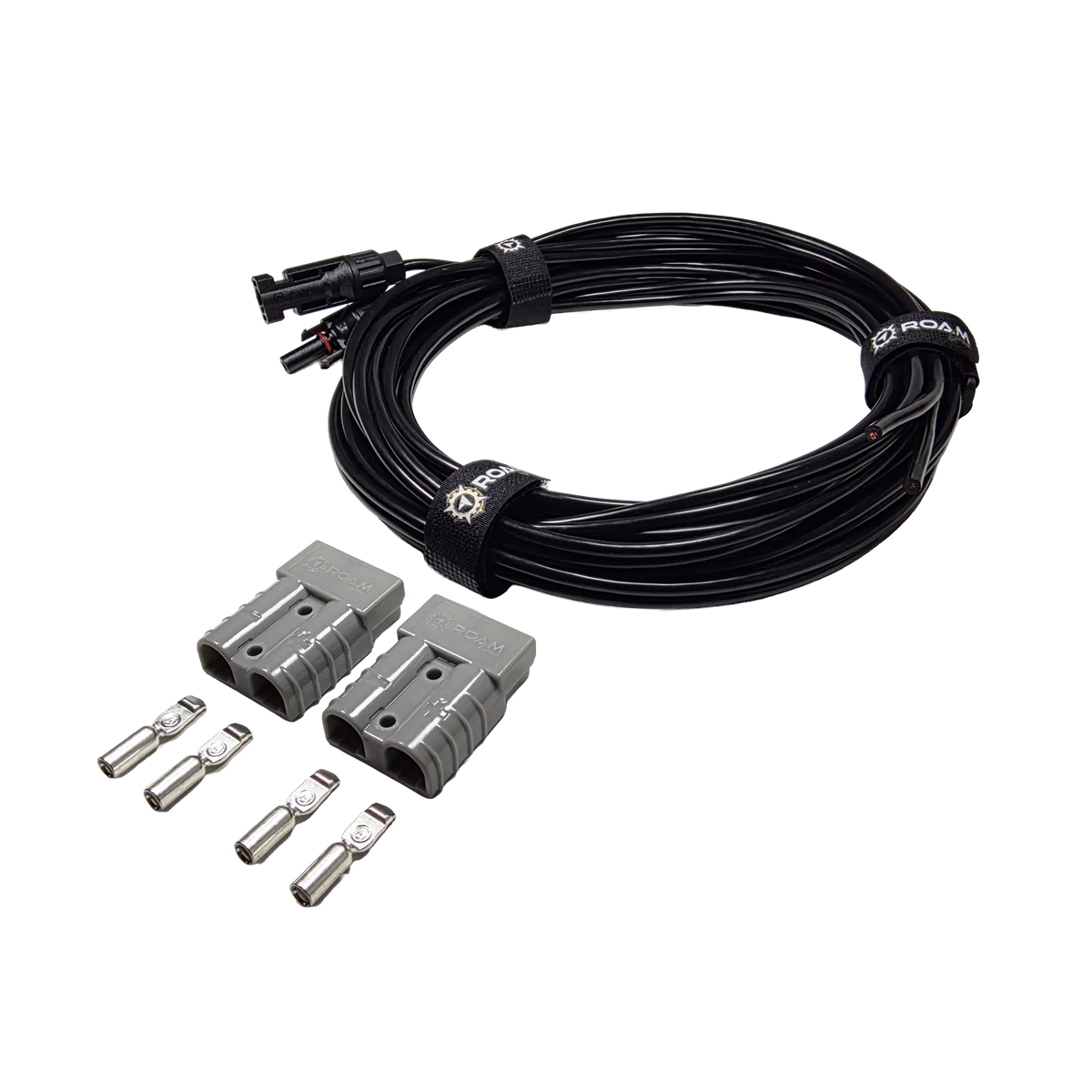 Roam Gear 6m solar MC4 extension lead viewed from the right with two loose grey Anderson plugs and contacts.