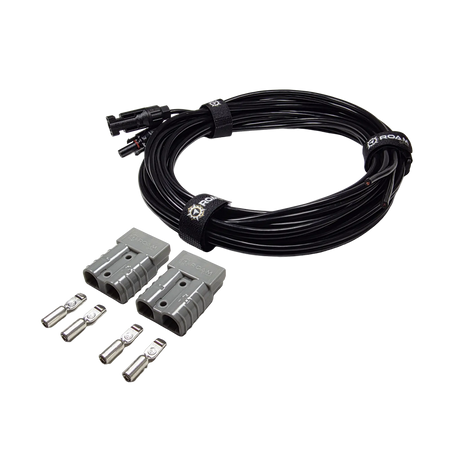 Roam Gear 6m solar MC4 extension lead viewed from the right with two loose grey Anderson plugs and contacts.