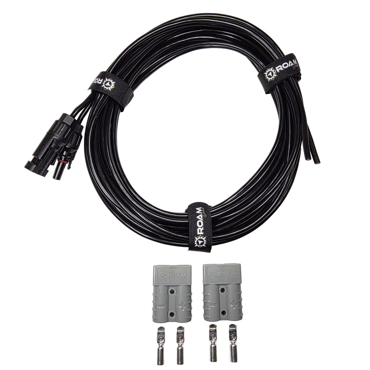 Roam Gear 6m solar MC4 extension lead top view with two loose grey Anderson plugs and four contacts below.