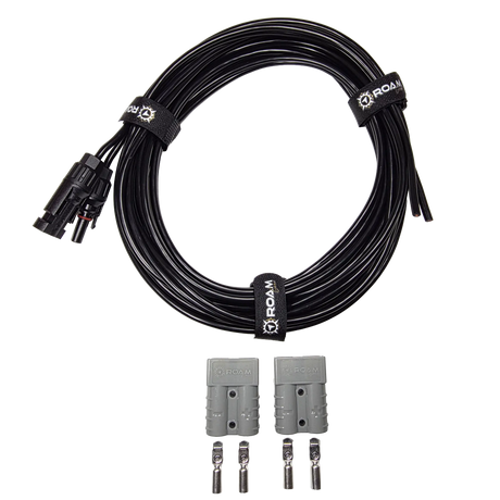Roam Gear 6m solar MC4 extension lead top view with two loose grey Anderson plugs and four contacts below.