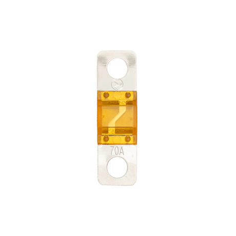 Roam Gear 70A Midi fuse straight top view showing the 70A marking and two circular mounting holes.