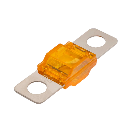Roam Gear 70A Midi fuse angled view with transparent orange housing and two silver mounting tabs.