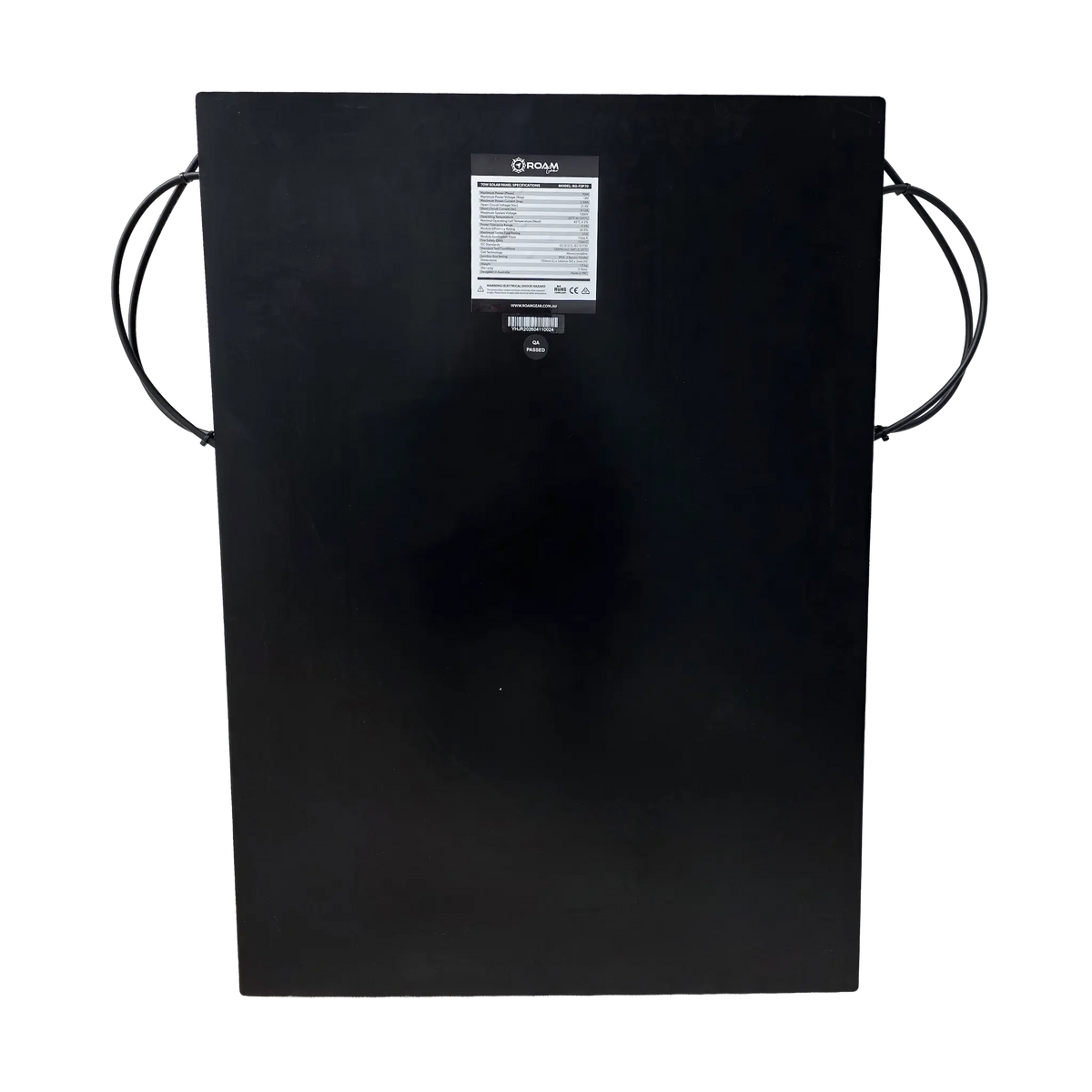 Roam Gear 70W 12V black ETFE flexible solar panel rear view with a specifications label and leads on each side.