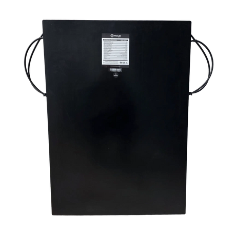 Roam Gear 70W 12V black ETFE flexible solar panel rear view with a specifications label and leads on each side.