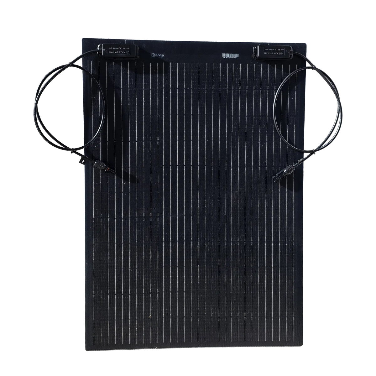 Roam Gear 70W 12V black ETFE flexible solar panel front view with solar cells and two junction boxes.