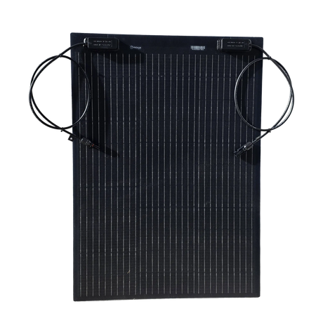 Roam Gear 70W 12V black ETFE flexible solar panel front view with solar cells and two junction boxes.
