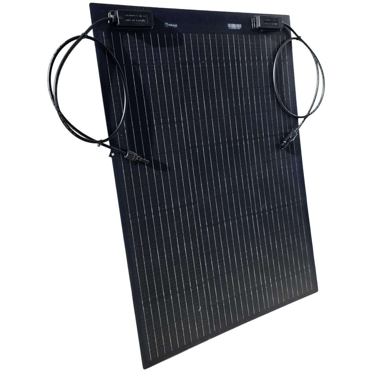 Roam Gear 70W 12V black ETFE flexible solar panel viewed from the left with positive and negative leads.