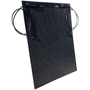 Roam Gear 70W 12V black ETFE flexible solar panel viewed from the left with positive and negative leads.