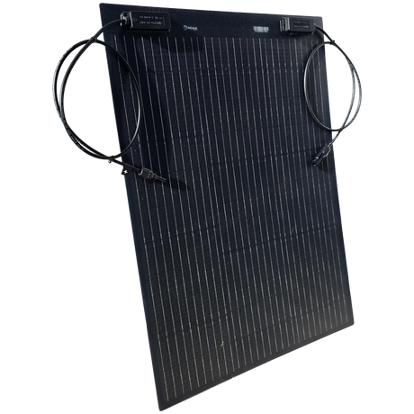 Roam Gear 70W 12V black ETFE flexible solar panel viewed from the left with positive and negative leads.