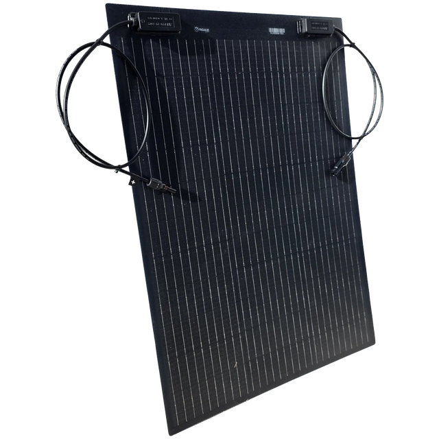 Roam Gear 70W 12V black ETFE flexible solar panel viewed from the left with positive and negative leads.