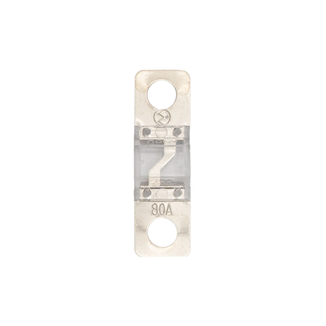 Roam Gear 80A Midi fuse straight top view showing the 80A marking and two circular mounting holes.
