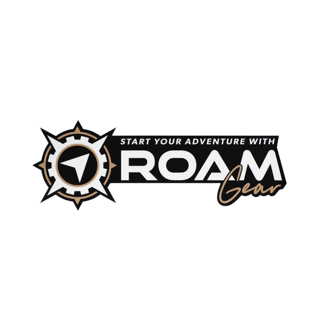 Roam Gear medium black printed sticker with a white and gold logo and 'Start your adventure with' lettering.