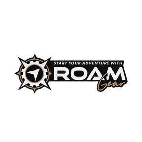 Small Roam Gear black printed sticker with a compass logo and "Start your adventure with Roam Gear" text.