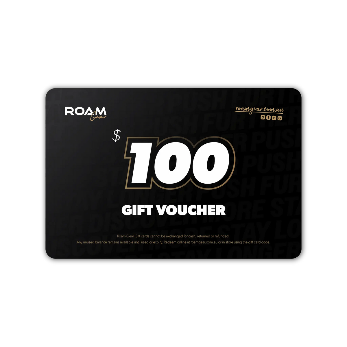 Roam Gear $100 eGift Card with white lettering and gold outlines on a black background.