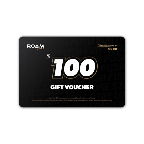 Roam Gear $100 eGift Card with white lettering and gold outlines on a black background.