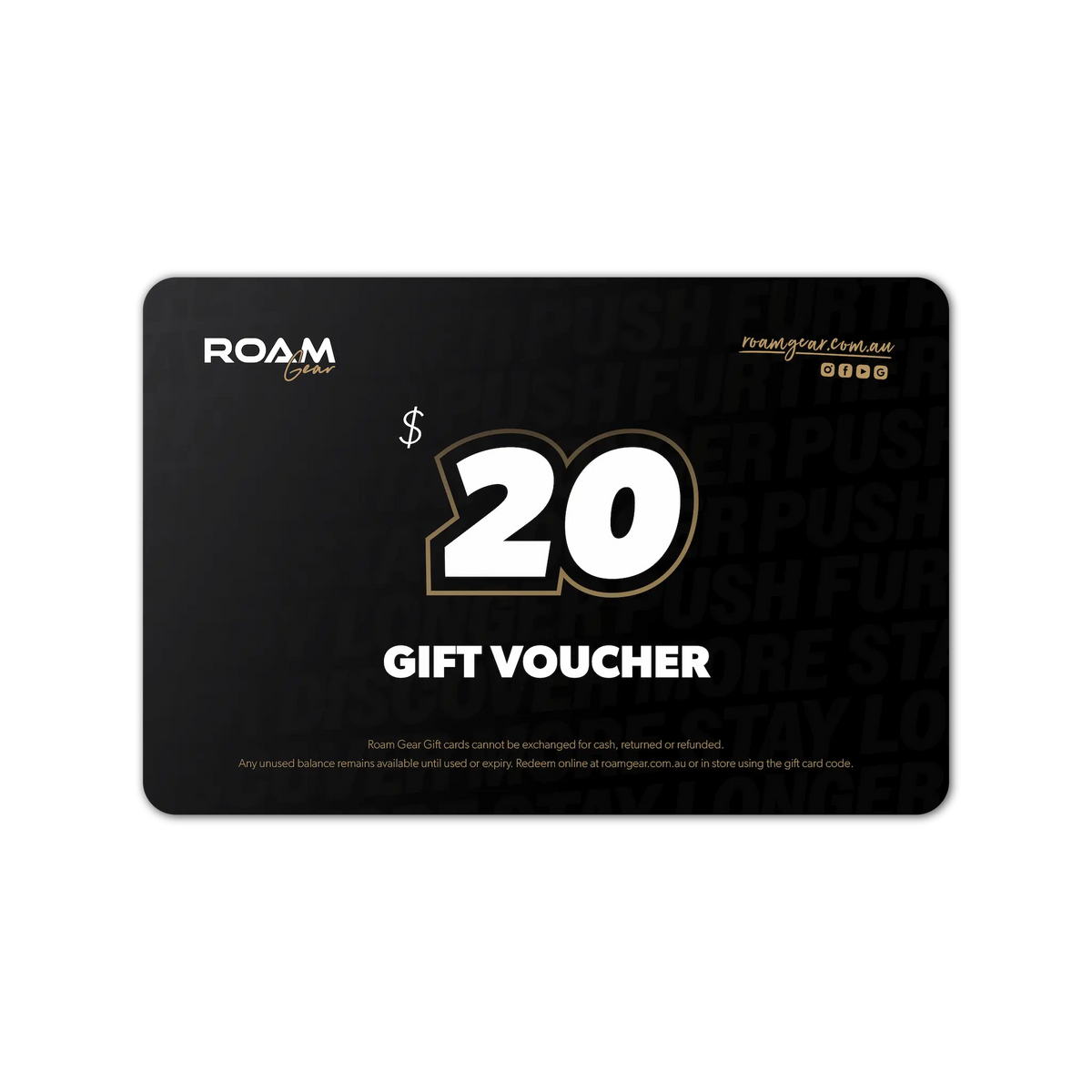 Roam Gear $20 eGift Card with white lettering and gold outlines on a black background.