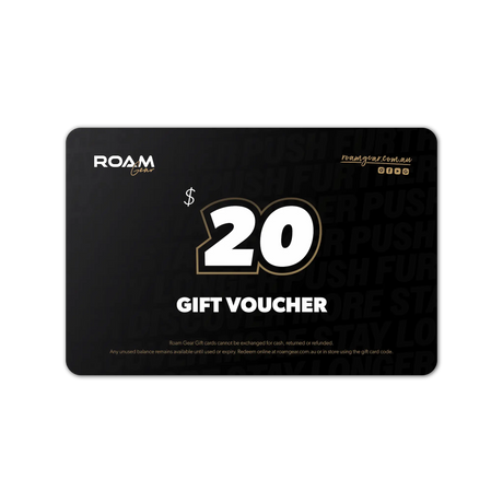 Roam Gear $20 eGift Card with white lettering and gold outlines on a black background.