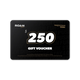Roam Gear $250 eGift Card with white lettering and gold outlines on a black background.