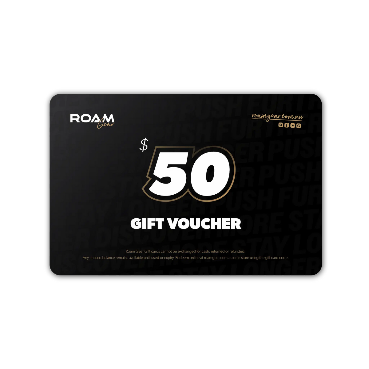 Roam Gear $50 eGift Card with white lettering and gold outlines on a black background.